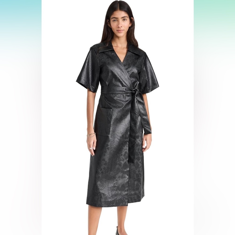 SEA NY FAUX LEATHER WRAP MIDI DRESS S
